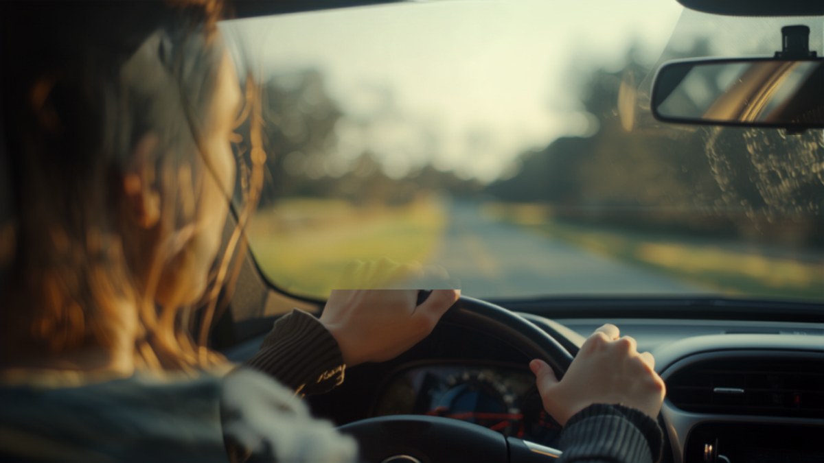 Conductrice les deux mains sur le volant de sa voiture sur une route de campagne au soleil couchant