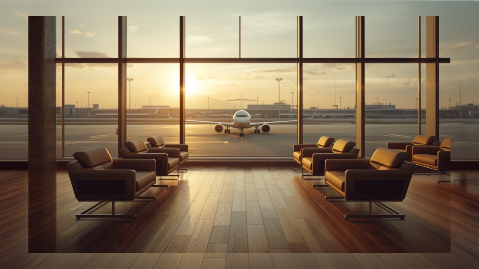 Salon d’aéroport moderne au coucher du soleil, fauteuils vides devant une baie vitrée donnant sur un avion stationné