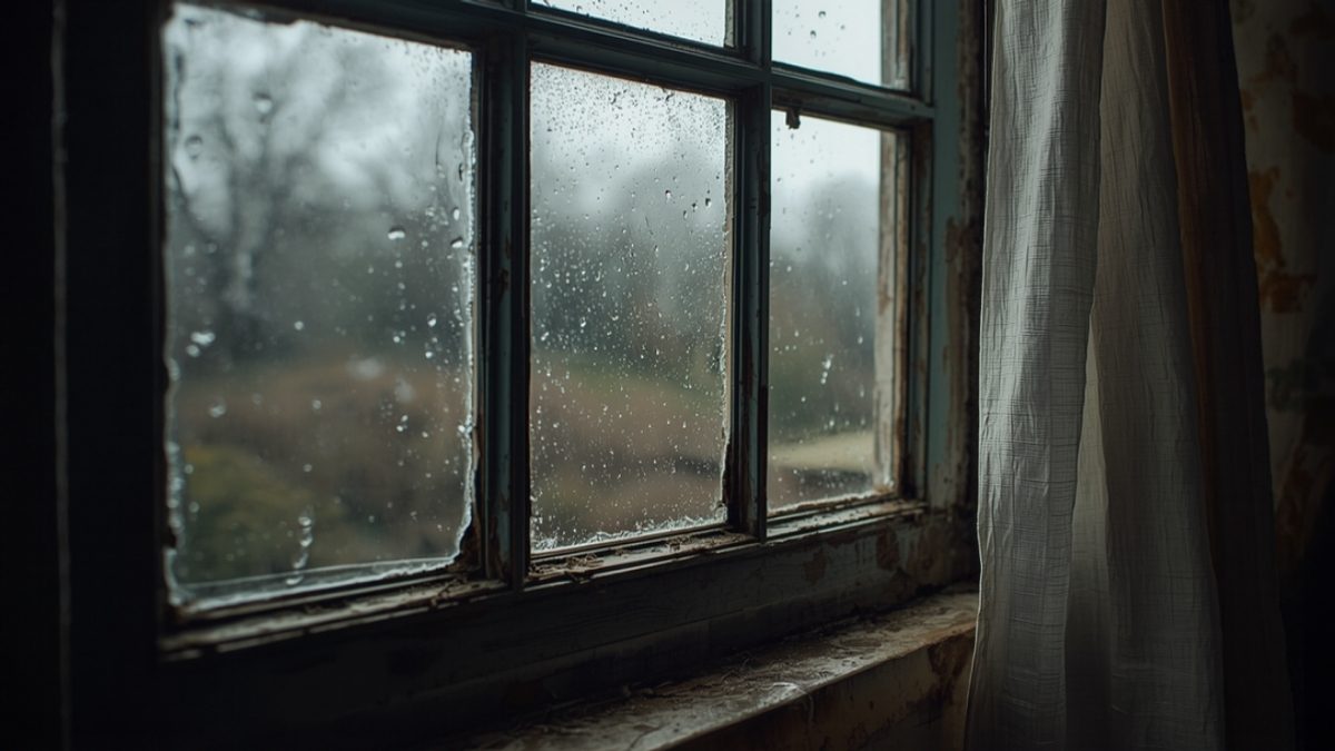 Vieille fenêtre à simple vitrage vue de l'intérieur, cadre en bois écaillé, gouttes de pluie sur les carreaux et jardin détrempé en arrière-plan