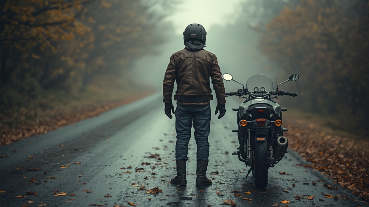Motard en équipement complet debout à côté de sa moto sur une route mouillée bordée de feuilles mortes, en automne