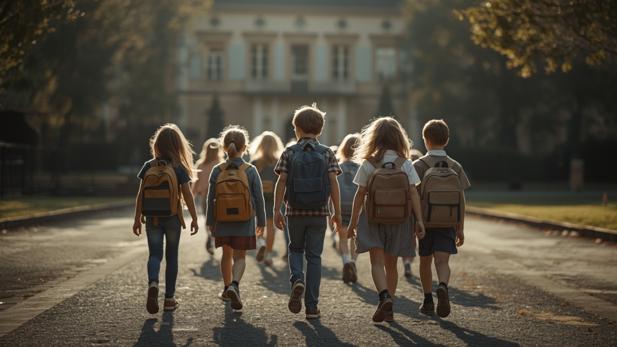 Groupe d'élèves de primaire marchant avec leur cartable dans la cour de leur école