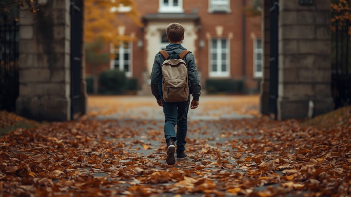 Adolescent avec son sac à dos franchissant le portail d'un collège en automne