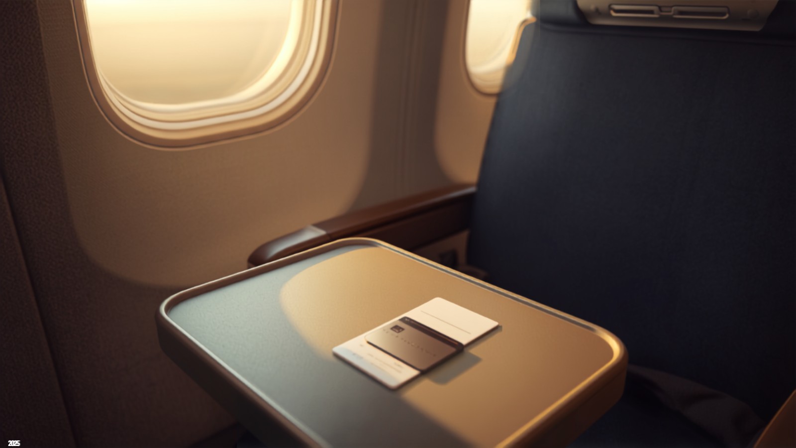Siège hublot en cabine business d'un avion à la lumière dorée, avec une carte d'embarquement et une carte de paiement posées sur la tablette