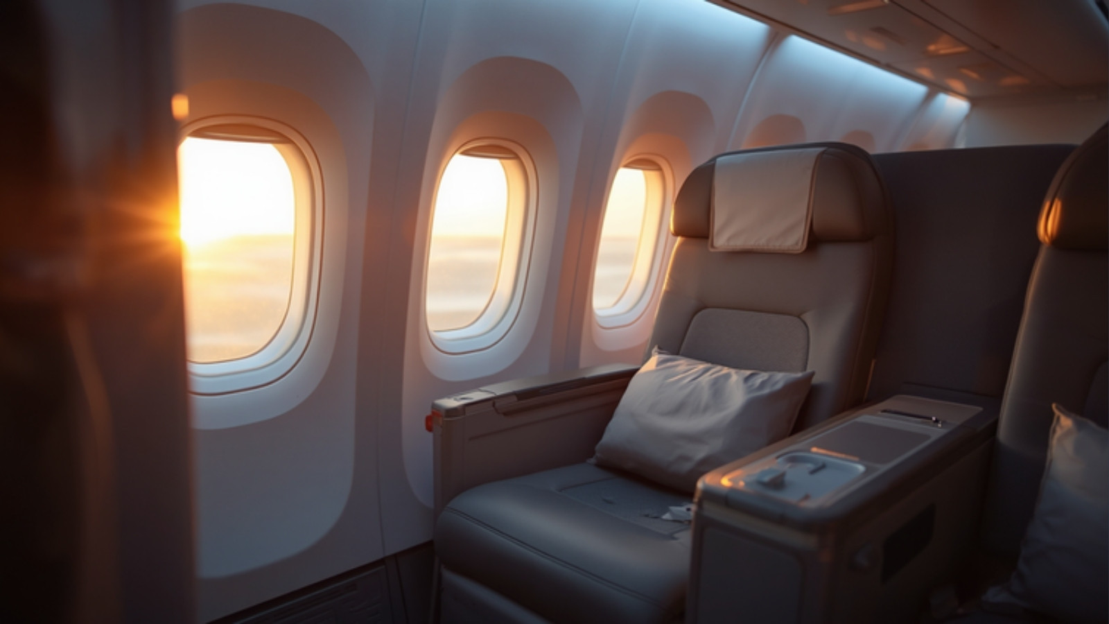 Cabine Business d’un avion long-courrier au petit matin, sièges inclinés vides et lumière douce venant des hublots