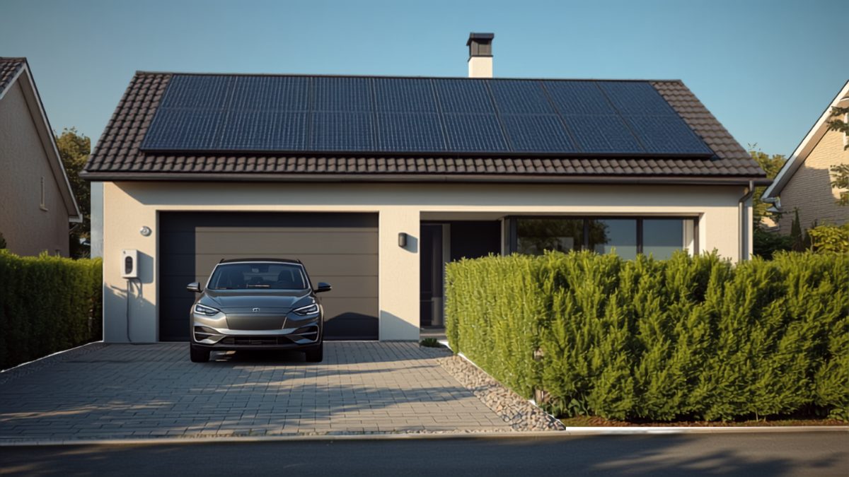 Maison individuelle avec panneaux solaires en toiture et voiture électrique branchée à une borne de recharge murale dans l'allée