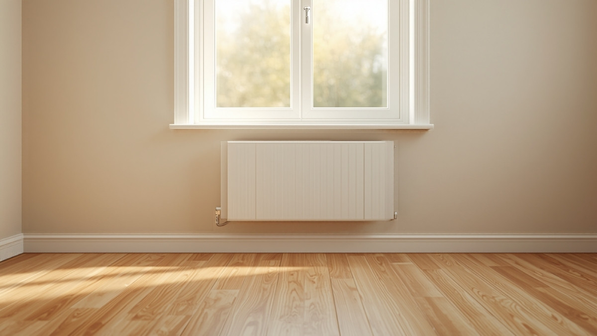 Radiateur blanc installé sous une fenêtre dans un salon, lumière douce de fin d'automne