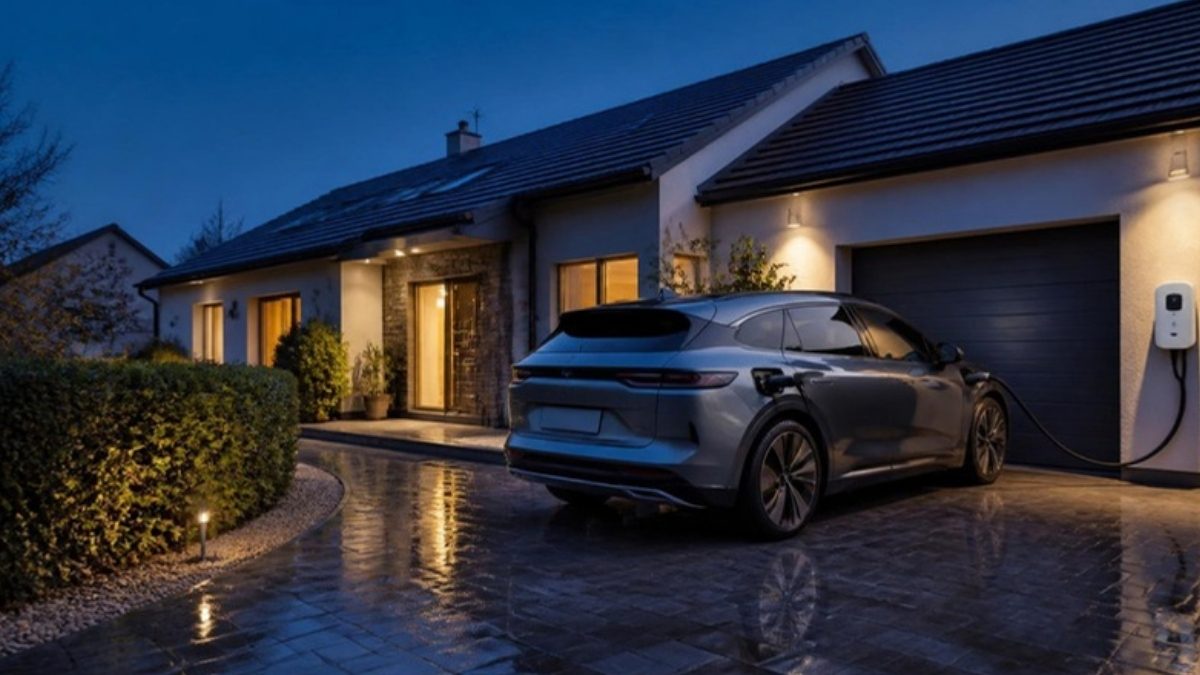 Voiture électrique grise branchée sur une borne de recharge murale blanche dans l'allée d'une maison individuelle, un soir d'hiver