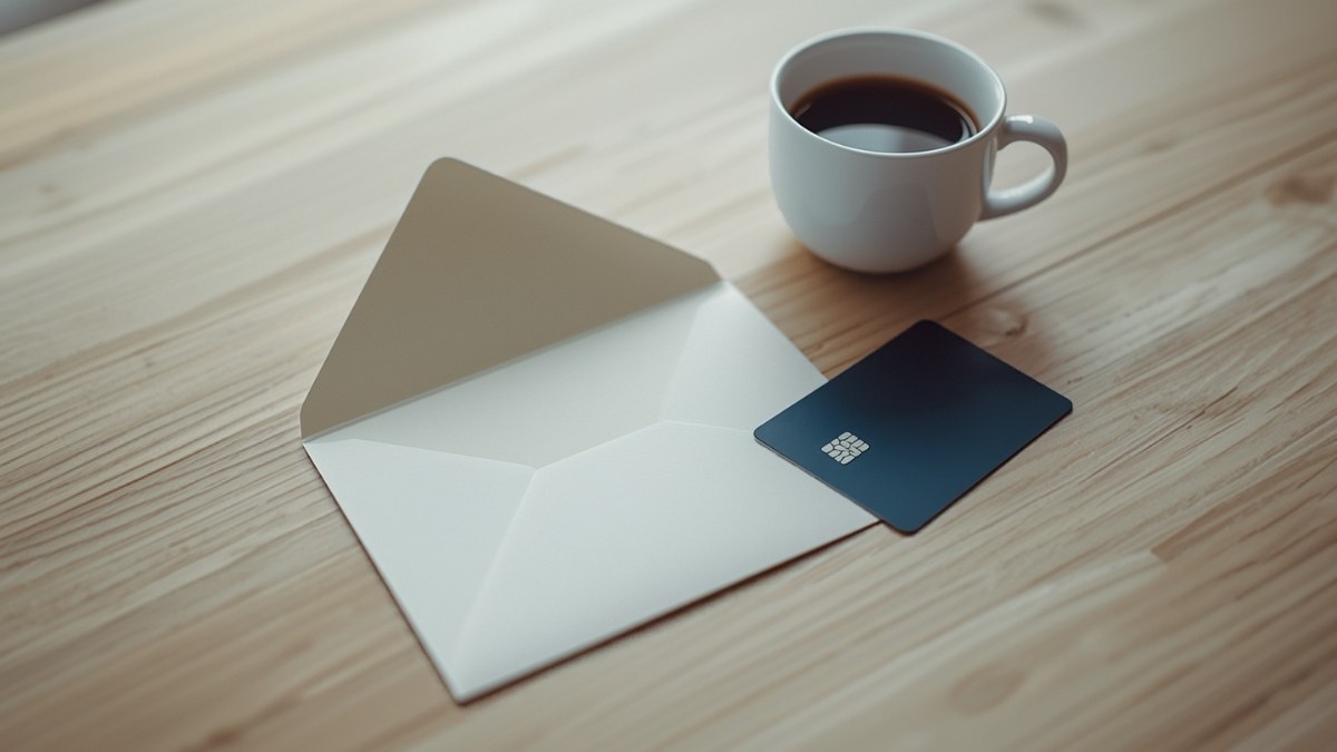 Enveloppe de courrier ouverte posée sur une table en bois, à côté d'une carte bancaire et d'une tasse de café