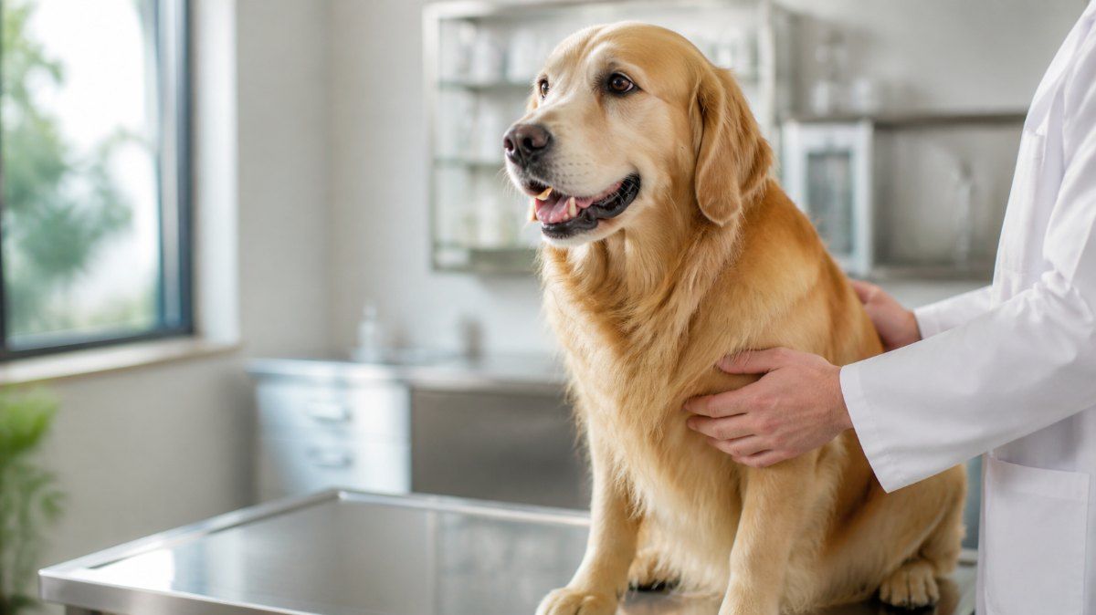 Golden retriever assis sur une table d'examen en acier dans une clinique vétérinaire lumineuse