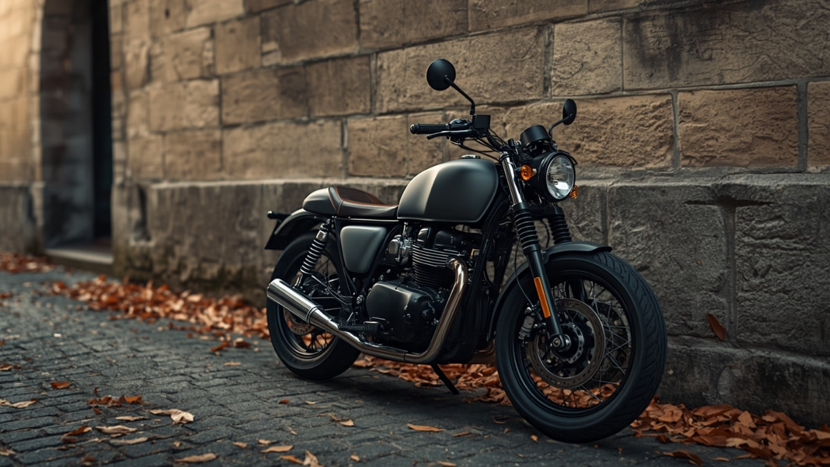 Moto roadster sombre garée de profil le long d'un mur de pierre, pavés jonchés de feuilles mortes en automne