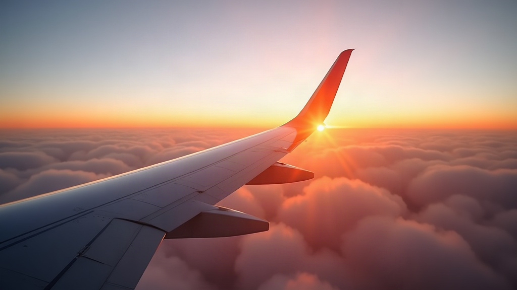 Aile d’un avion de ligne au-dessus des nuages au lever du jour, vue depuis un hublot