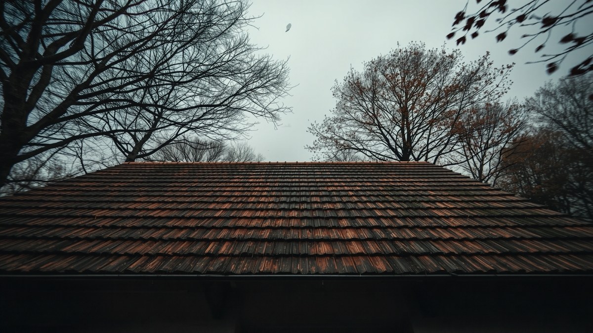 Toiture d'une maison individuelle et grands arbres agités par le vent, fin septembre