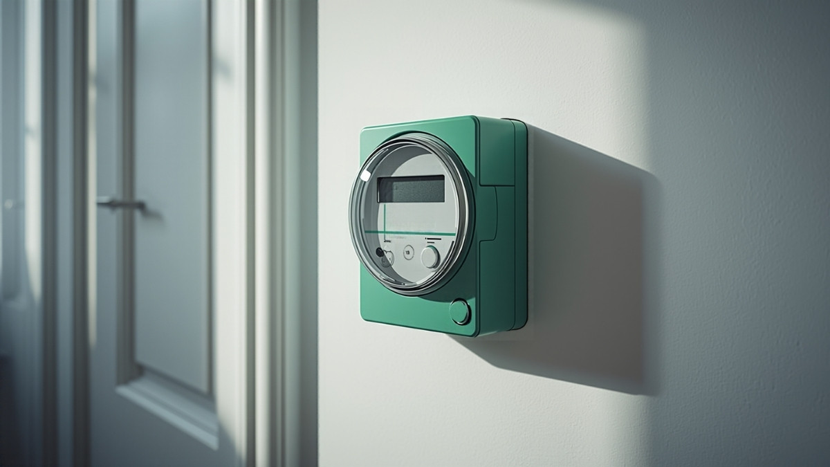 Compteur électrique vert fixé au mur clair d'un logement, lumière naturelle