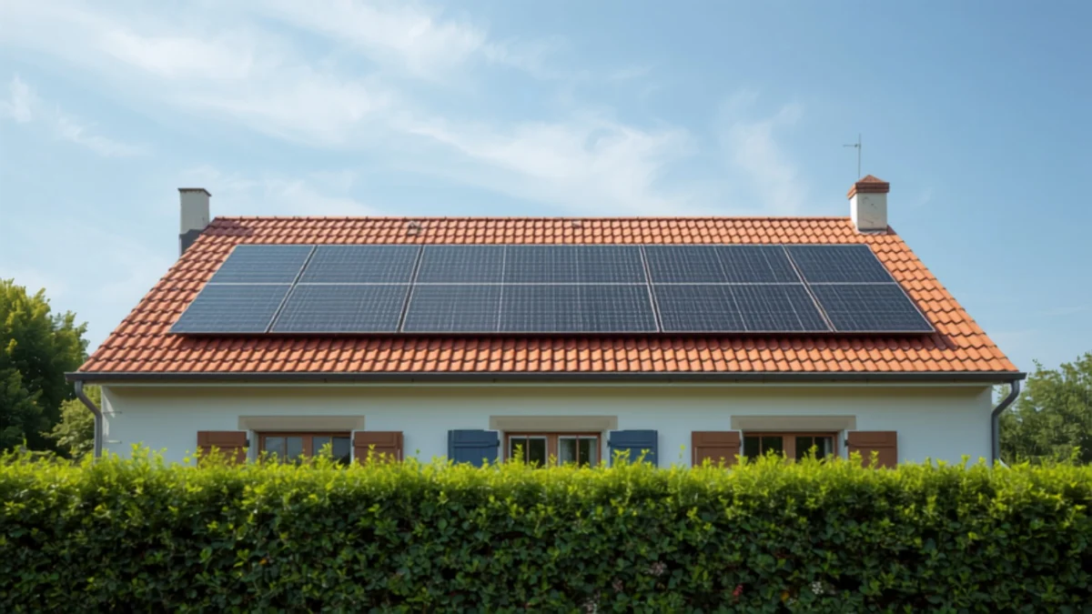 Panneaux solaires photovoltaïques posés sur la toiture en tuiles d'une maison individuelle par temps ensoleillé