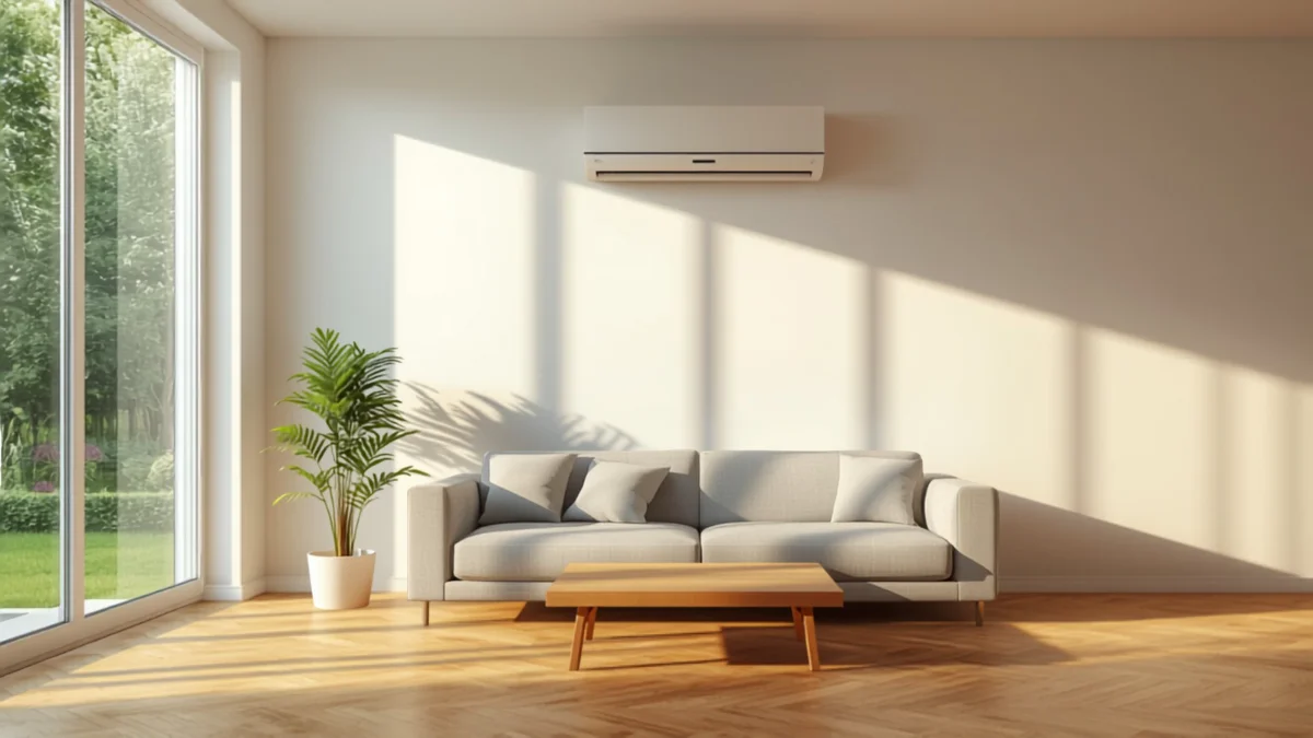 Unité intérieure murale de pompe à chaleur air-air dans un salon lumineux