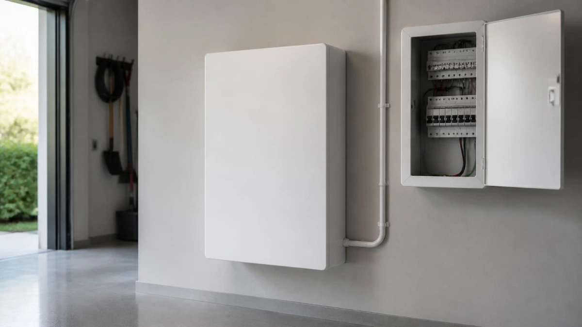 Batterie de stockage domestique blanche fixée au mur d'un garage, à côté d'un tableau électrique ouvert