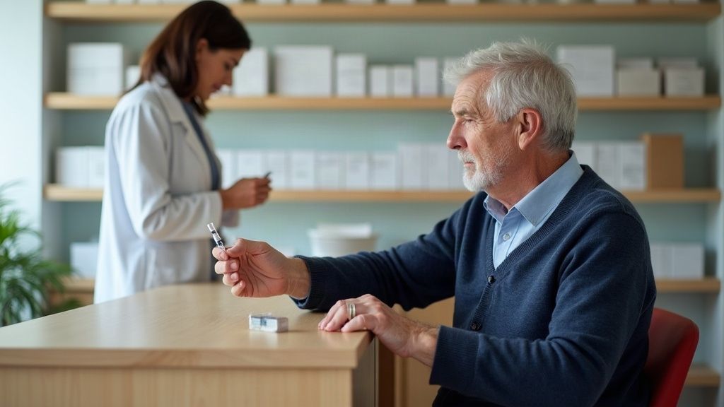Une pharmacienne prépare une seringue de vaccin pour un homme de 70 ans assis au comptoir de confidentialité
