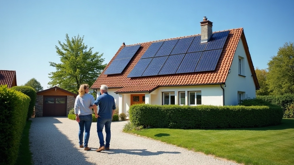 Un couple et un agent immobilier devant une maison équipée de panneaux solaires en toiture