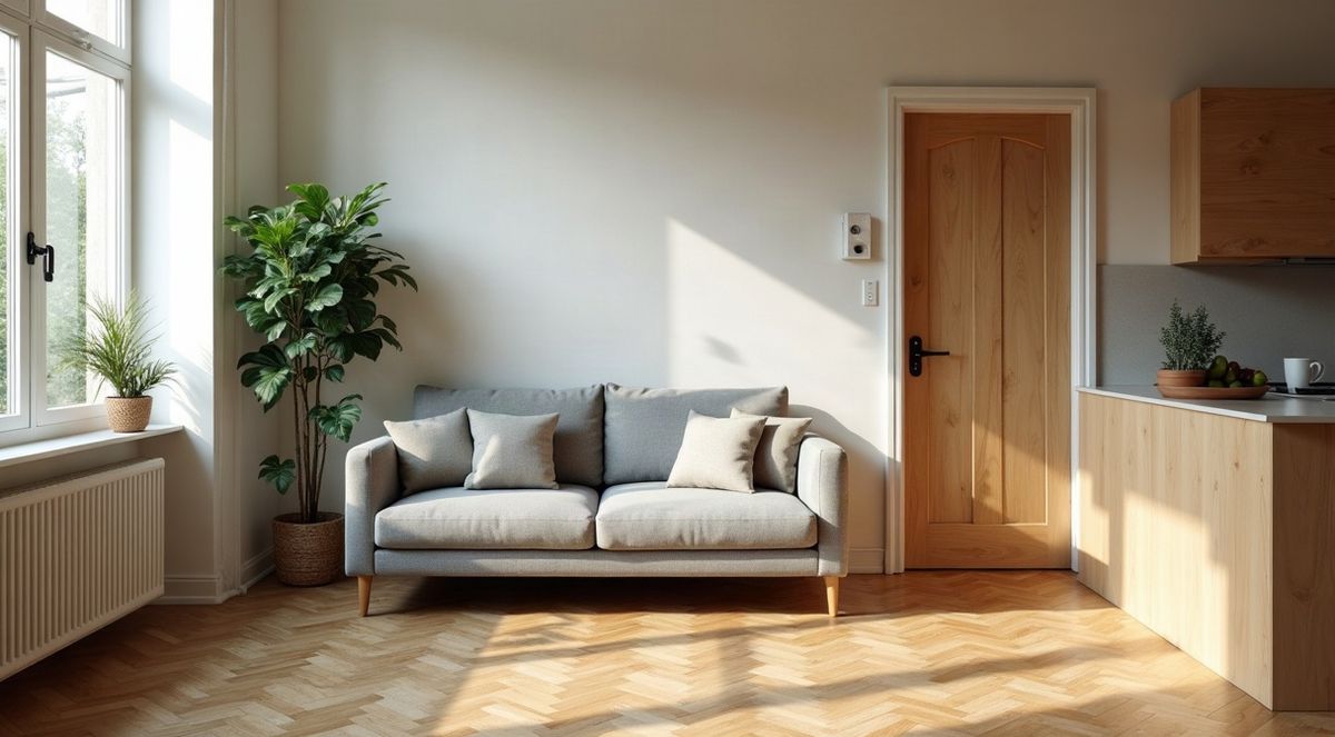 Séjour d'un appartement avec parquet, canapé et cuisine ouverte, éclairé par la lumière du jour