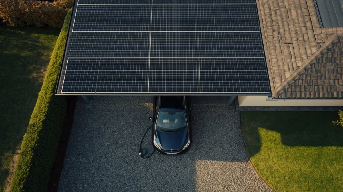 Vue aérienne d'un carport solaire couvert de panneaux photovoltaïques abritant une voiture électrique compacte branchée, allée gravillonnée d'une maison individuelle