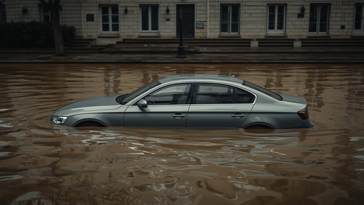 Berline grise immergée jusqu'aux portières dans une rue inondée