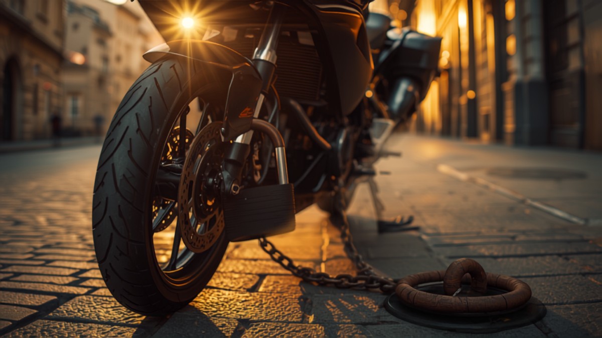 Moto attachee par une chaine et un antivol a un point fixe dans une rue pavee au crepuscule