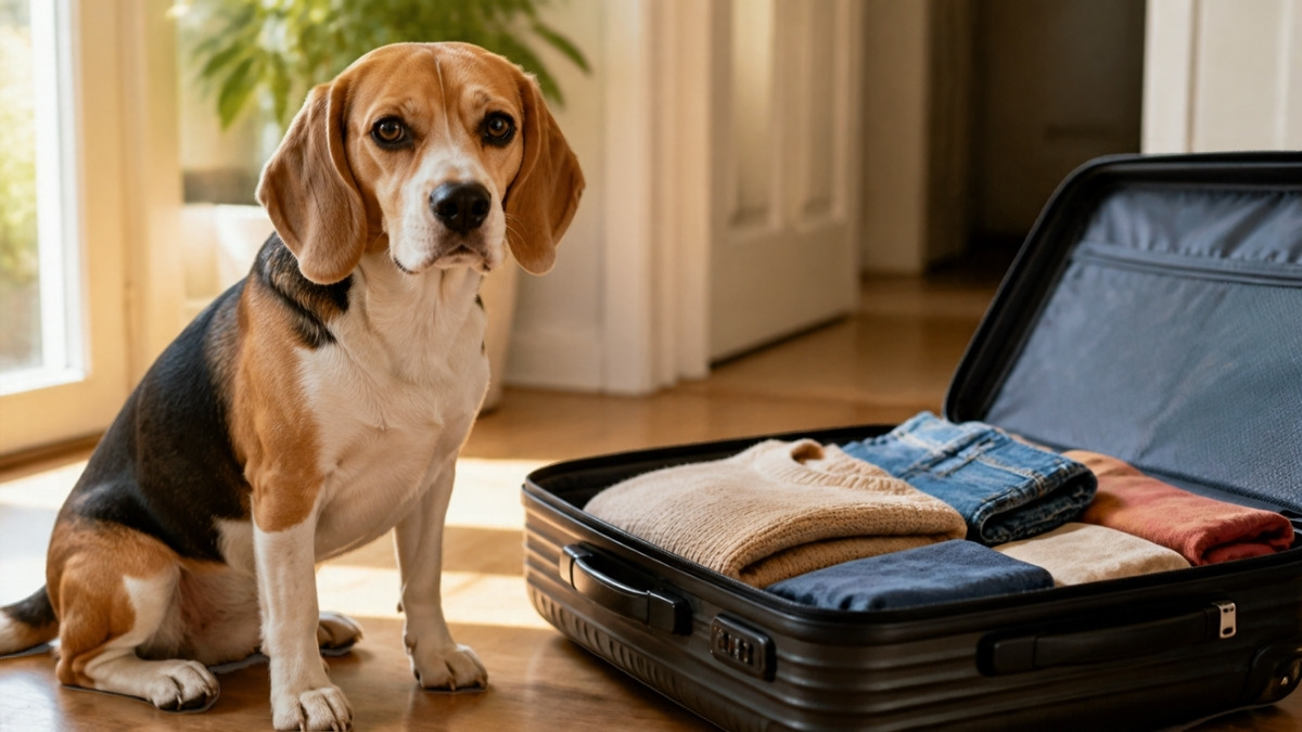 Chien assis à côté d'une valise ouverte dans un couloir, avant un départ en voyage