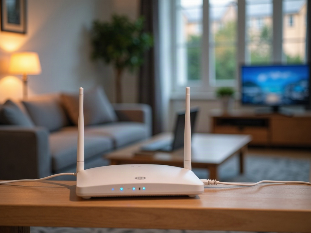 Box internet blanche à deux antennes posée sur une table en bois dans un salon, canapé, ordinateur portable et téléviseur en arrière-plan